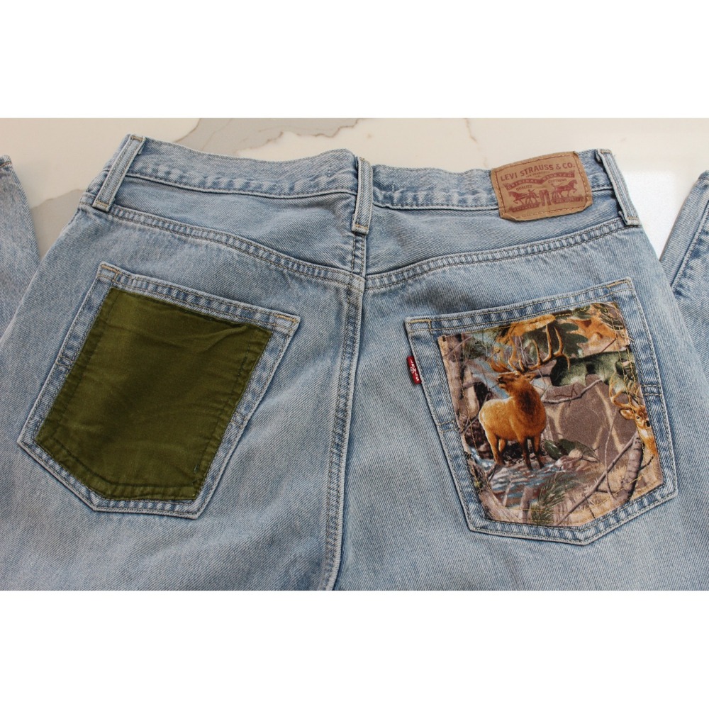 Levi's 94 Baggy Jeans Sz 30 Light Wash Custom Patchwork Camo Elk Pockets Unique